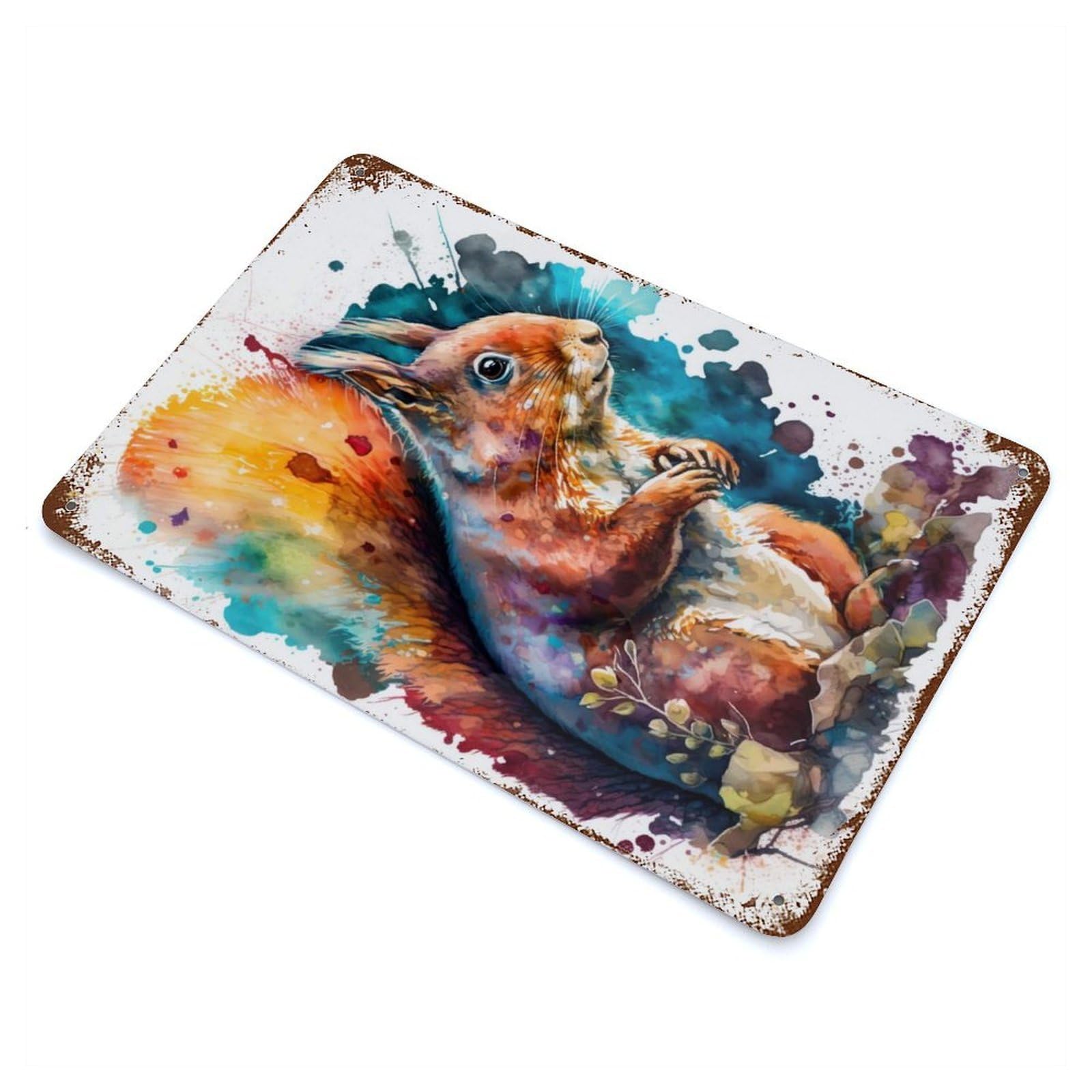 Distressed Metal Wall Sign with Whimsical Squirrel Design 11.8"x7.9", for Farmhouse, Kitchen And Entryway Decor, Old School Wall Decor