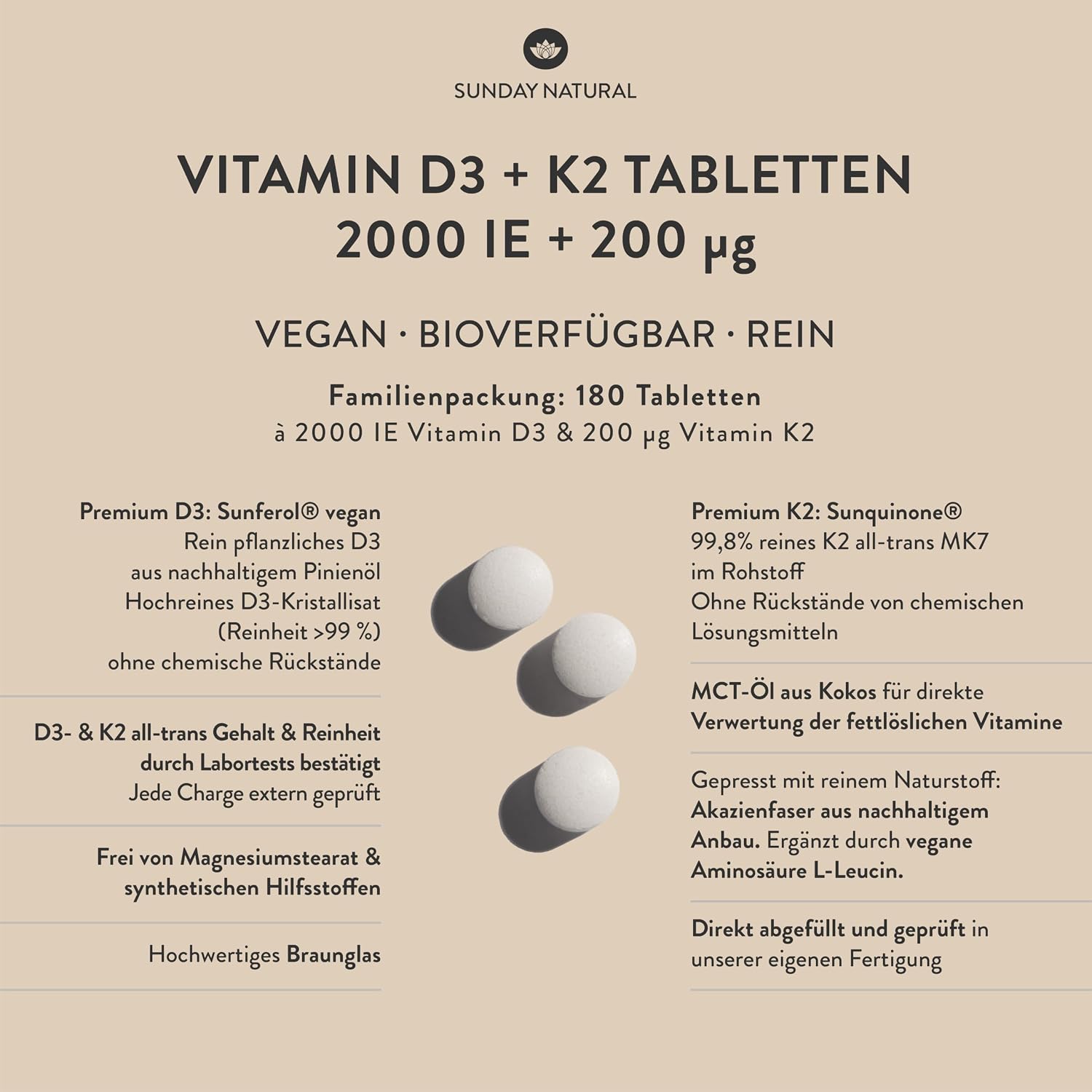 SUNDAY NATURAL® Vitamin D3 K2 tabletten – 99,8% all-trans MK-7 & 2.000 IE Vitamin D – 180 - Analyse des détails et conception