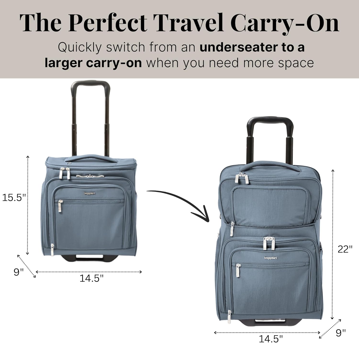 Baggallini Expandable Underseat Carry-On - Lightweight Travel Luggage Carry On Weekender with Wheels