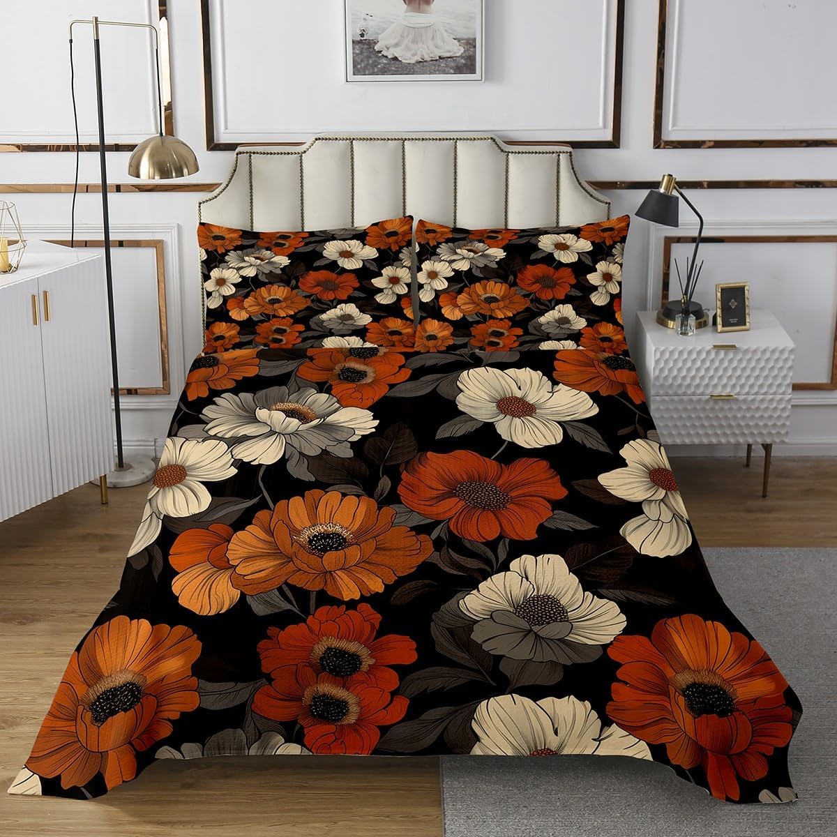 Erosebridal Watercolor Floral King Bedspread Set Red Beige Flower Quilt Set, Botanical Plant Theme Coverlet Set Oil Painting Aesthetic Bedding Set for Kids, Summer Tropical Leaves Bed Cover