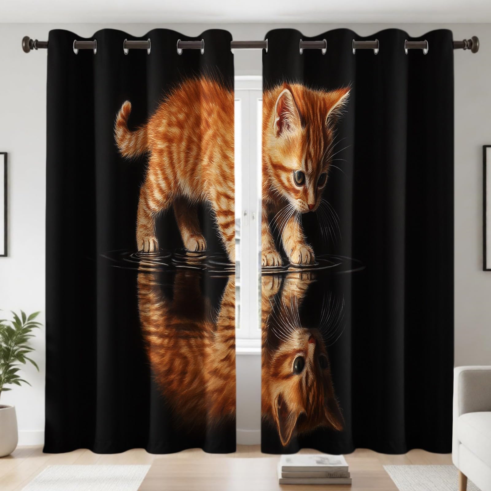 Rideaux Occultants Isolants Thermiques à Œillets Lot de 2, Chat tigré Rideaux Opaques pour Salon et Chambre, 132L X 210H cm
