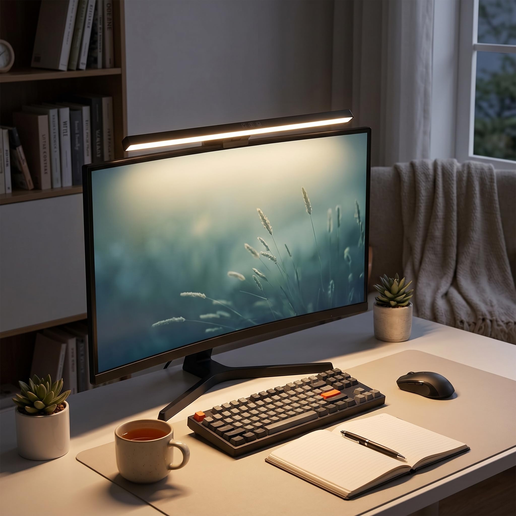 Pasek świetlny Monitora Ekranowego, Bezstopniowe ściemnianie LED Monitor Komputerowy LED Funkcja Pomiaru Czasu Sterowanie Dotykowe ABS dla Domu (BLACK)