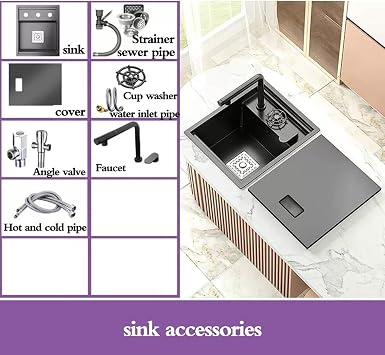 RV Bar Kitchen Hidden Stainless Steel Small Sink with Cover, Lifting Faucet, Siphon Balcony Studio Outdoor Vegetable and Hand Washing Basin(Sink+Faucet B)
