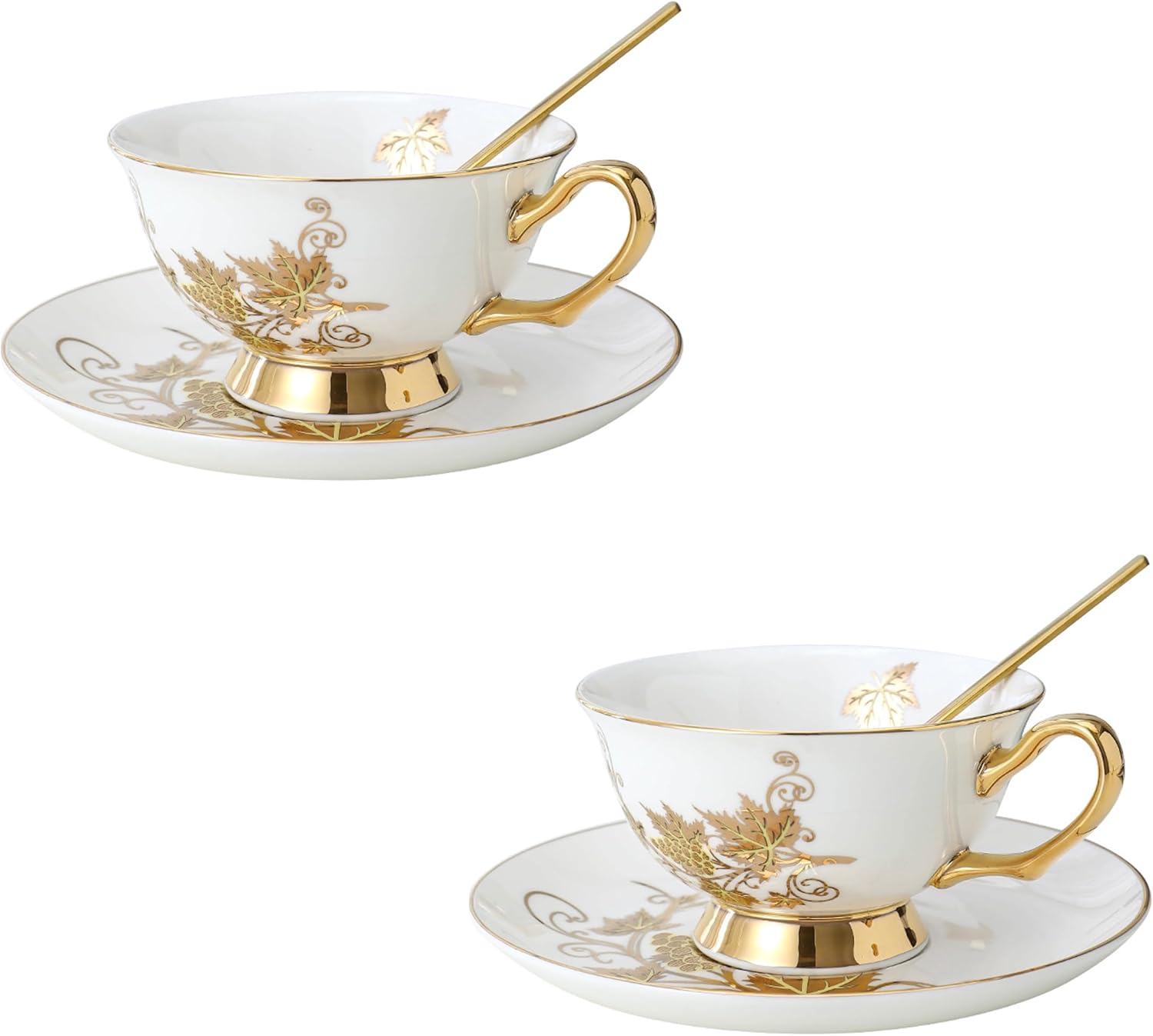 TFE's Tea Cup and Saucer Set - 6 Pcs Bone China with Vintage Design Gift Set - Coffee Cup and Espresso Cup Set for Any Occasion Including Formal Gatherings (Golden Vines)