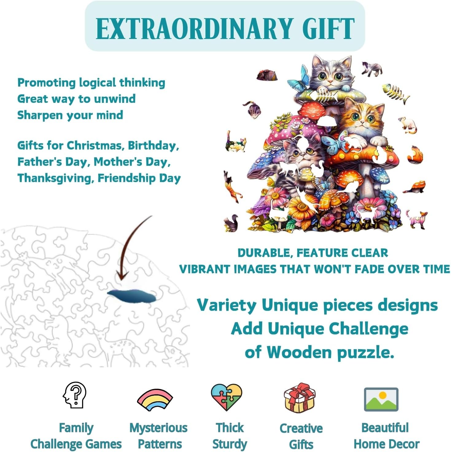 Wooden Puzzles, Cat Family Puzzle 170 Pieces, Unique Animal Shaped Wood Challenging Jigsaw Puzzles Gifts for Adults, 11.4x10.2in