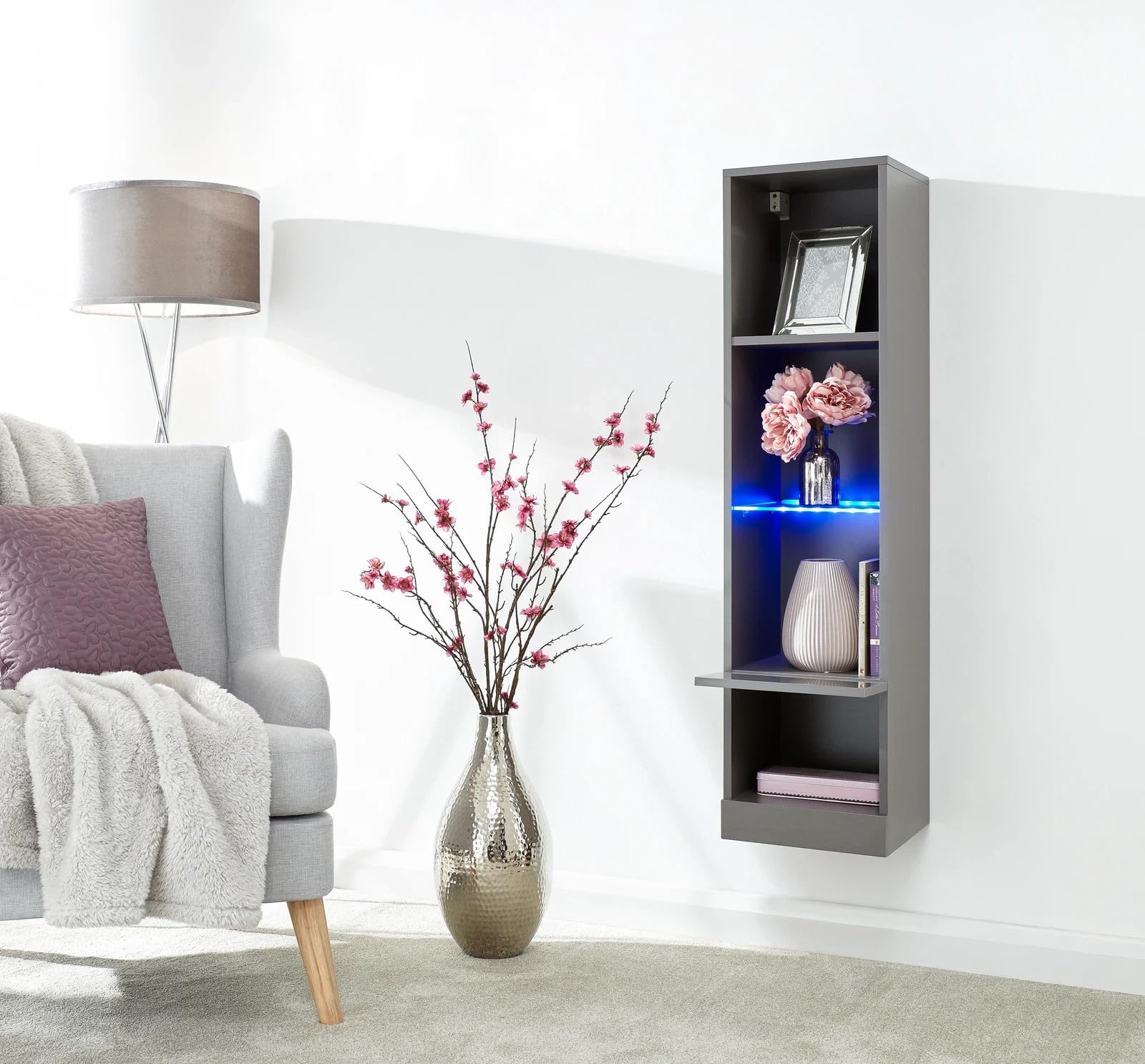 GFW Galicia Tall Shelf Unit with LED, Grey Wall Mounted Display Shelving Unit with High Gloss Fronts and Lift-Up Storage Door