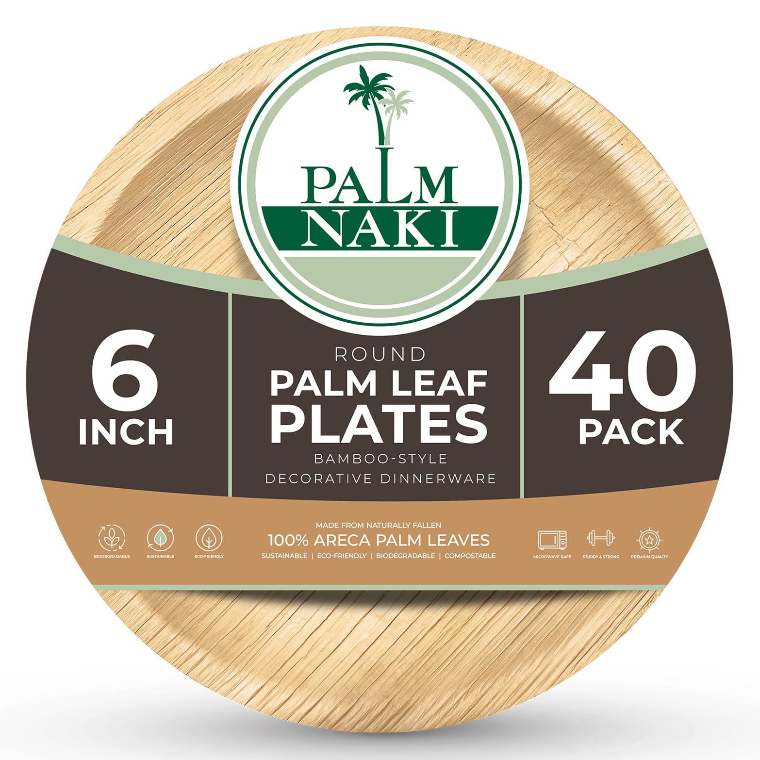 palm naki round palm leaf plates (40 count) - disposable dinnerware, compostable and biodegradable round plates (6" round plates)