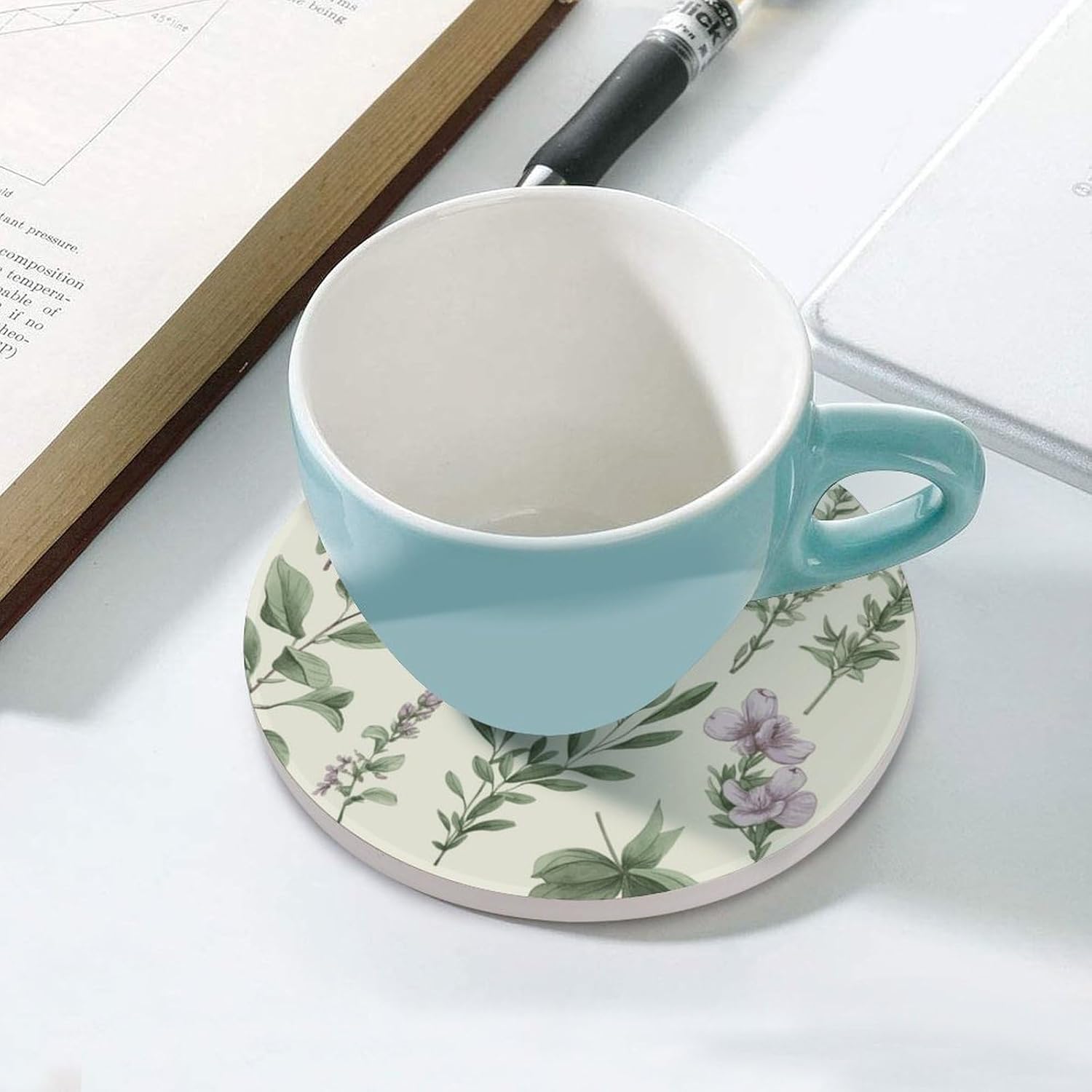 6PCS Green Flower Herb Sage Leaves And Branches Coasters Non-Slip Round Drink Coasters with Ceramic Stone And Cork Base, Heat Resistant Absorbent 33.00Stone Coaster Set for Kinds of Mugs And Cups, 4 I