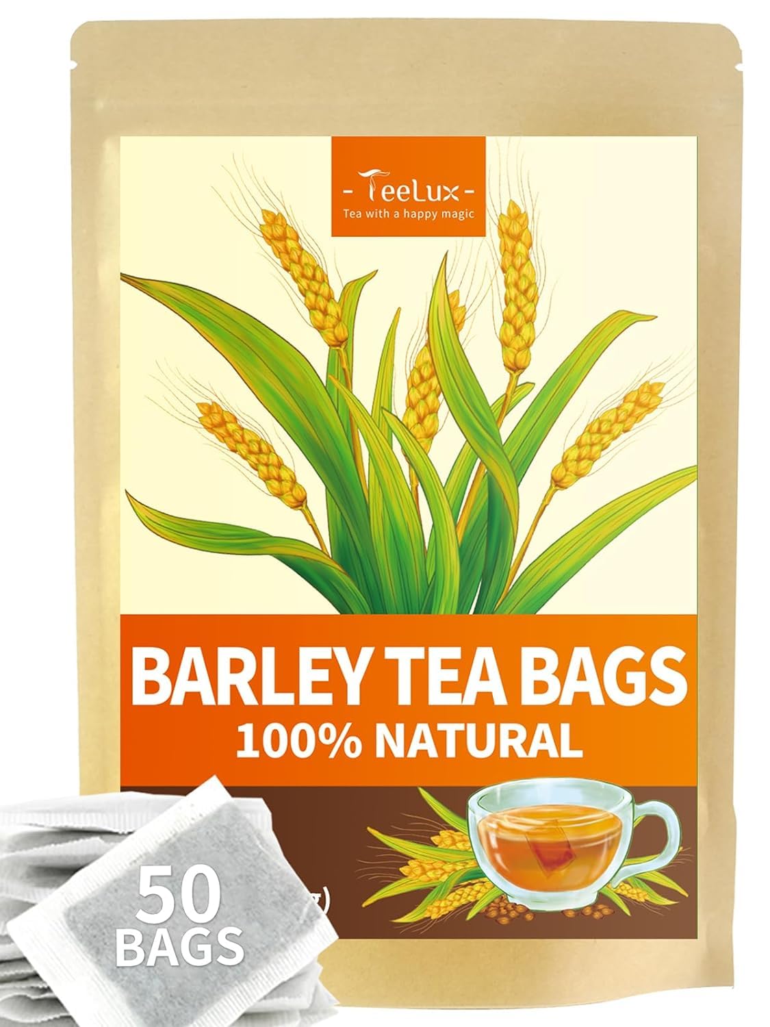 TeeLux Gersten Tee Beutel 50 Stück, Vegan, Reine Geröstete Gerste, Koffeinfrei, Mugicha, Natürlicher Kräutertee, eine beliebte Kaffeealternative in Japan