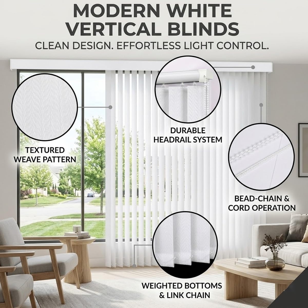 Vertical Blinds for Sliding Glass Doors and Large Windows, Vertical Window Shades Set, UV Protection Verticals Window Blinds, 51" 59" 68" 78" 88" 106" Cordless White(30" W x 39" H)