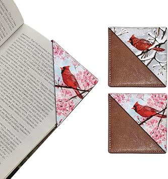 WIRESTER Set of 2 Brown Leather Bookmarks Corner Page Book Marks for Students, Reader, Teachers, Book Lovers - Red Cardinal Bird in Spring, Birds in Winter