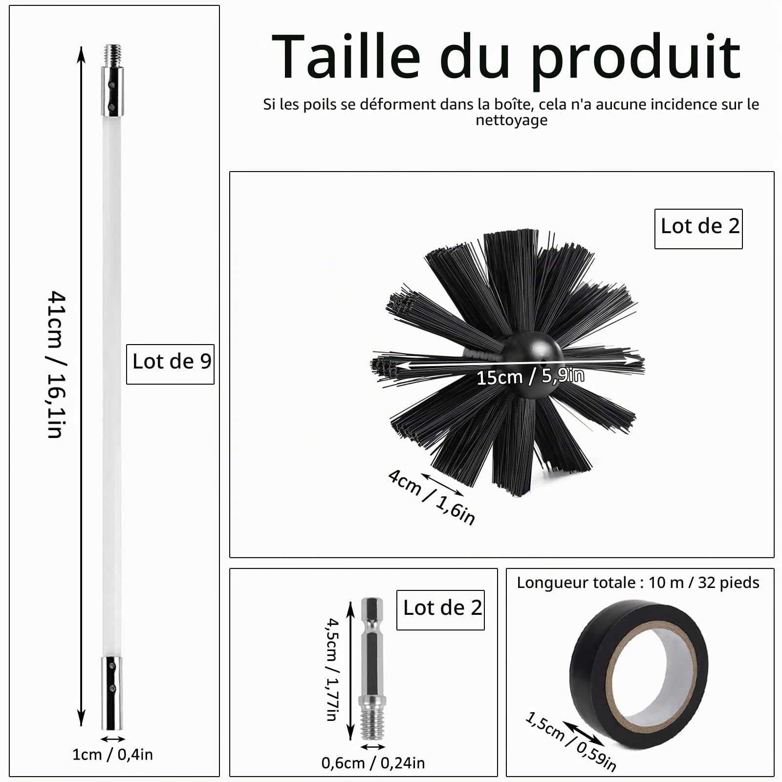 Kit Brosse Nettoyage Cheminée 150 mm Ramonage Nylon avec 9 Tiges Flexibles