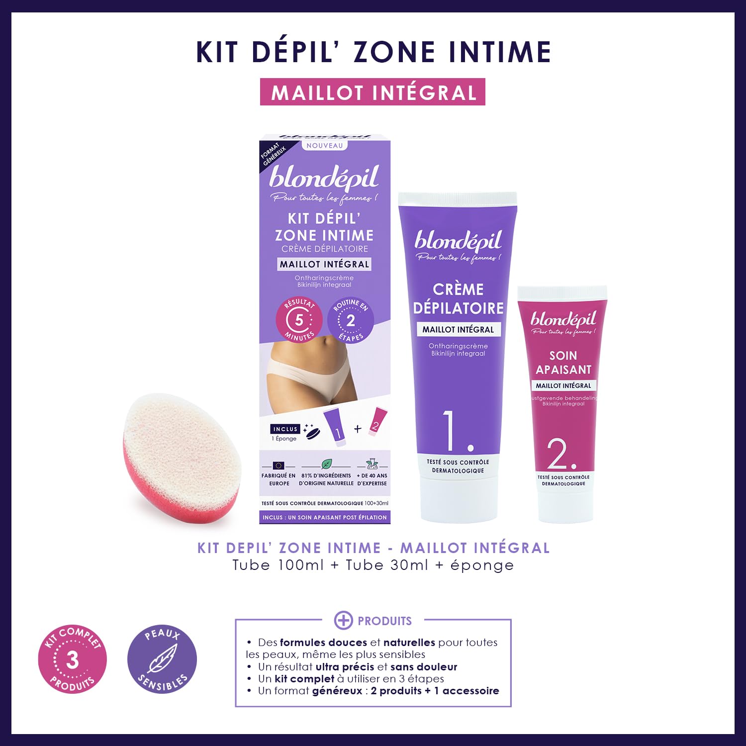 Blondépil - Lot de 2 Creme epilatoire femme partie intime. Creme depilatoire femme zones intimes. Peaux sensibles. 81% d’ingrédients d’origine naturelle. Made in Europe. 2x 25ml