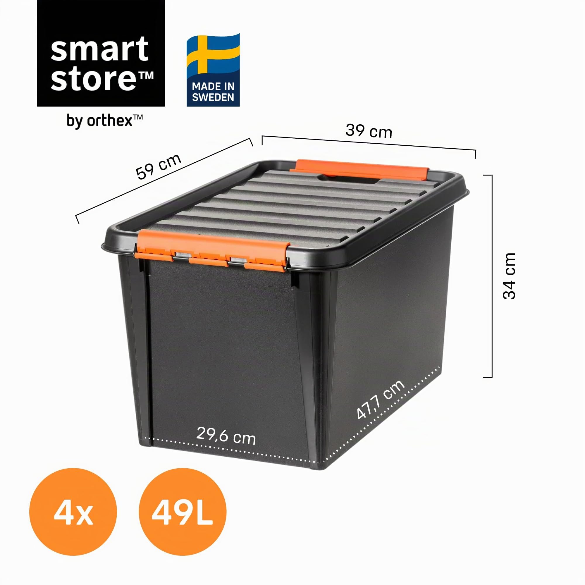 SmartStore Extrem robuste Kunststoff-Aufbewahrungsbox mit Deckel I 49 Liter I Für Garage, Regale, Umzug I 4er Set Stapelboxen mit Clipverschluss I Werkzeugaufbewahrung I BPA-frei I 59 x 39 x 34 cm