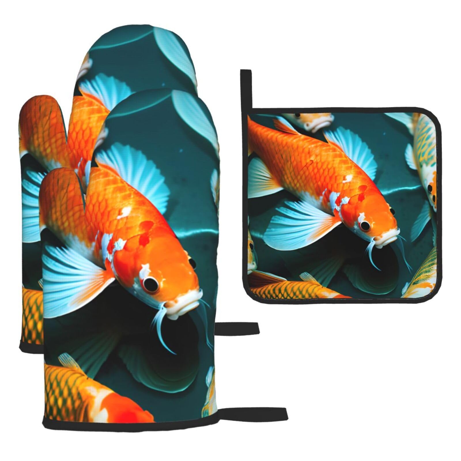 HD Koi Fish Print Oven Mitts and Potholders BBQ Gloves-Oven Mitts and Pot Holders for Cooking Baking