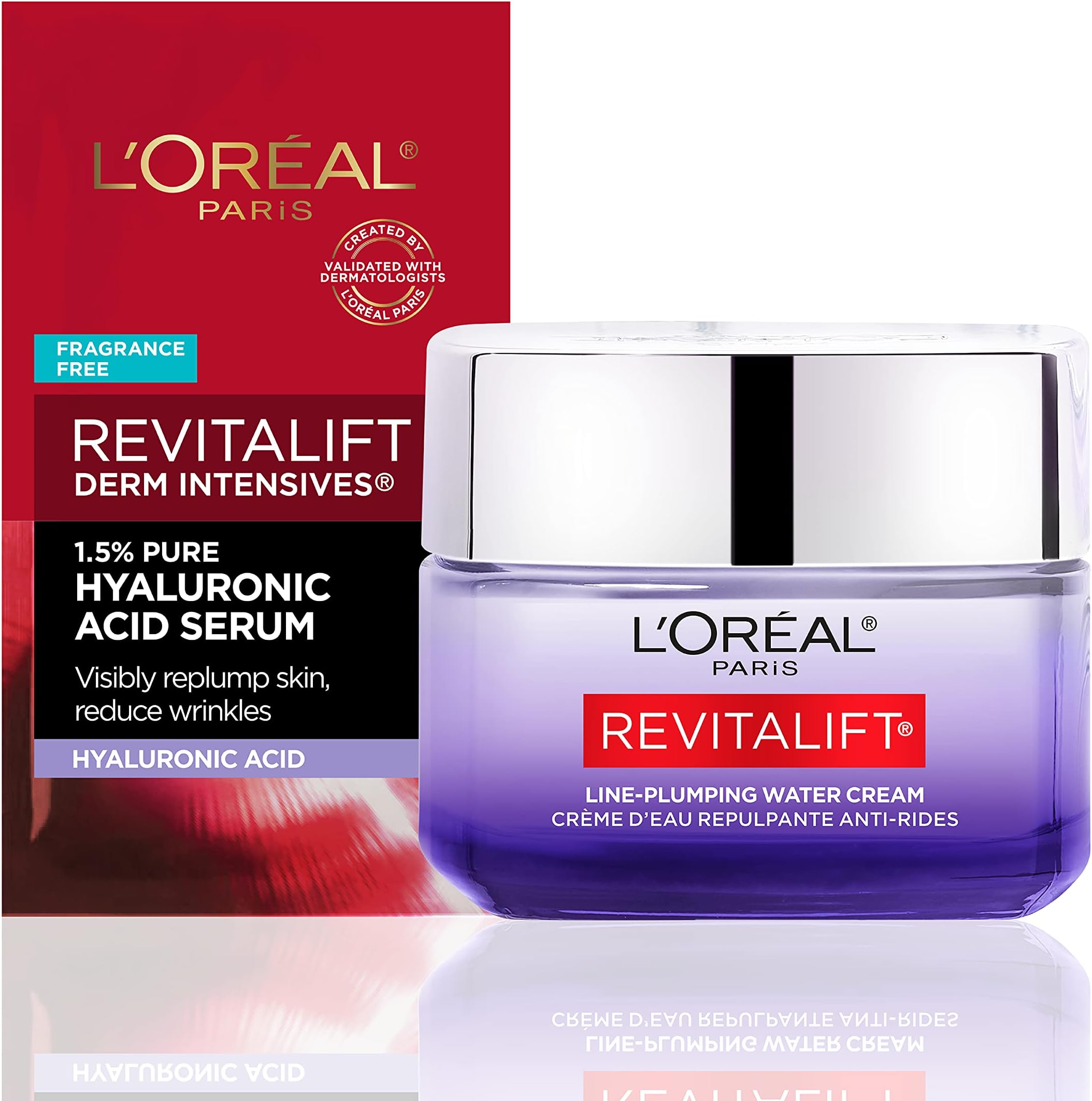 Revitalift Moisturizer, Hyaluronic Acid Water Cream with Ceramides, Deeply Hydrating, Fragrance Free 1.7 oz + Serum Sample