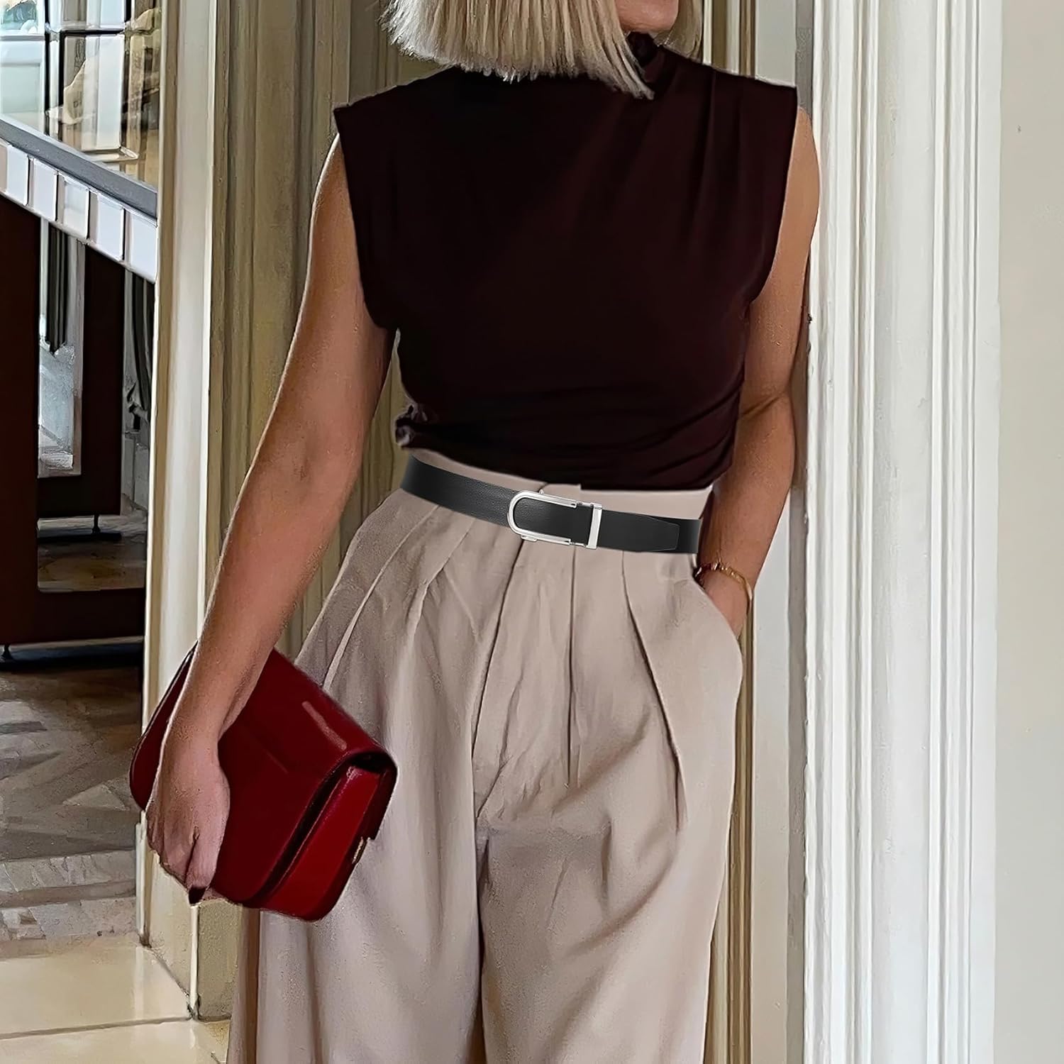 JASGOOD Women Leather Ratchet Belt for Jeans Pants Dresses Adjustable Belt with Automatic Sliding Buckle, Width 1.2" - Image 2