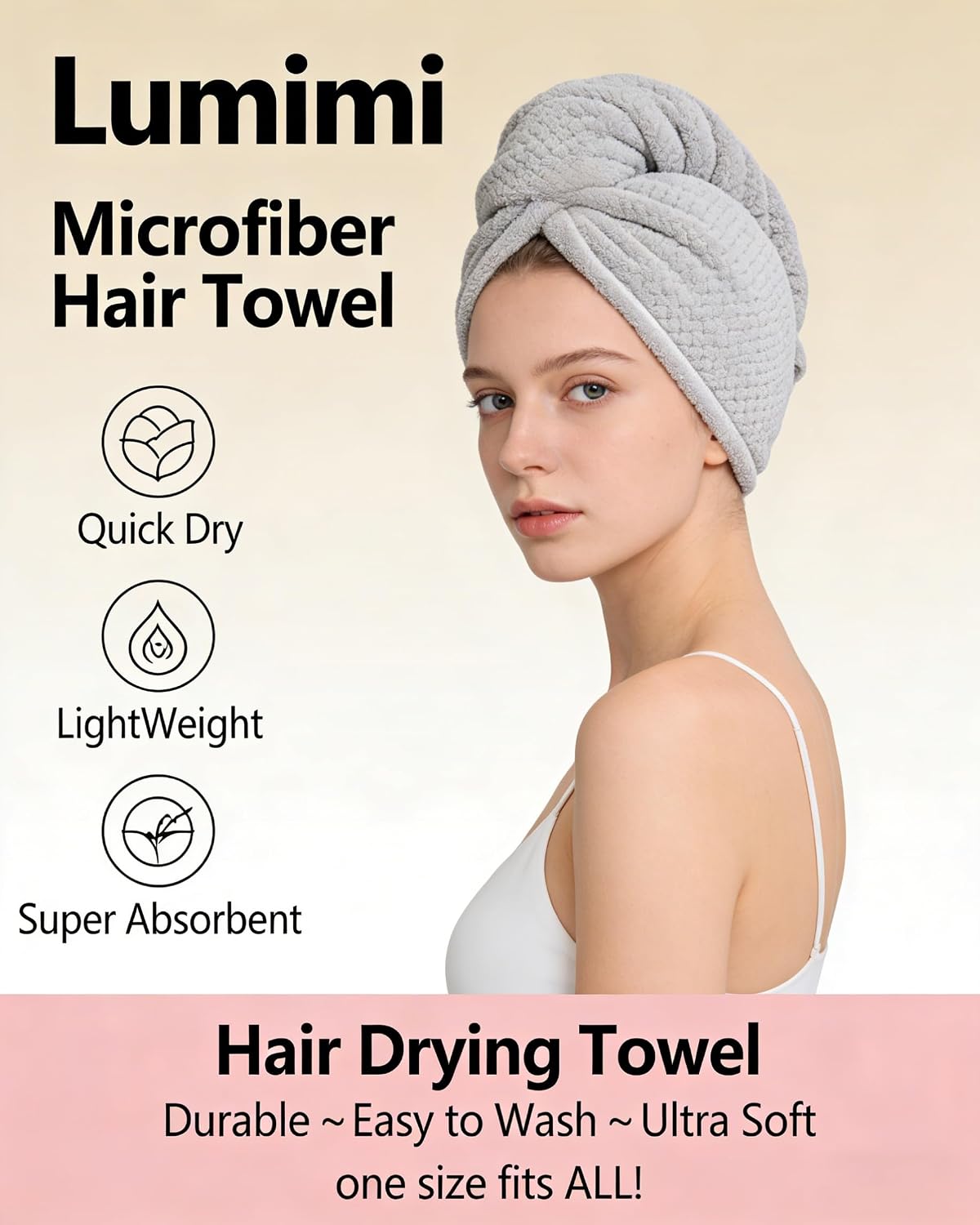 Lumimi Microfiber Hair Towel Wrap 4 Pack for Women Super Absorbent Quick Dry Turban with Button Closure, Lightweight Hair Towel Cap(5 Colors A)