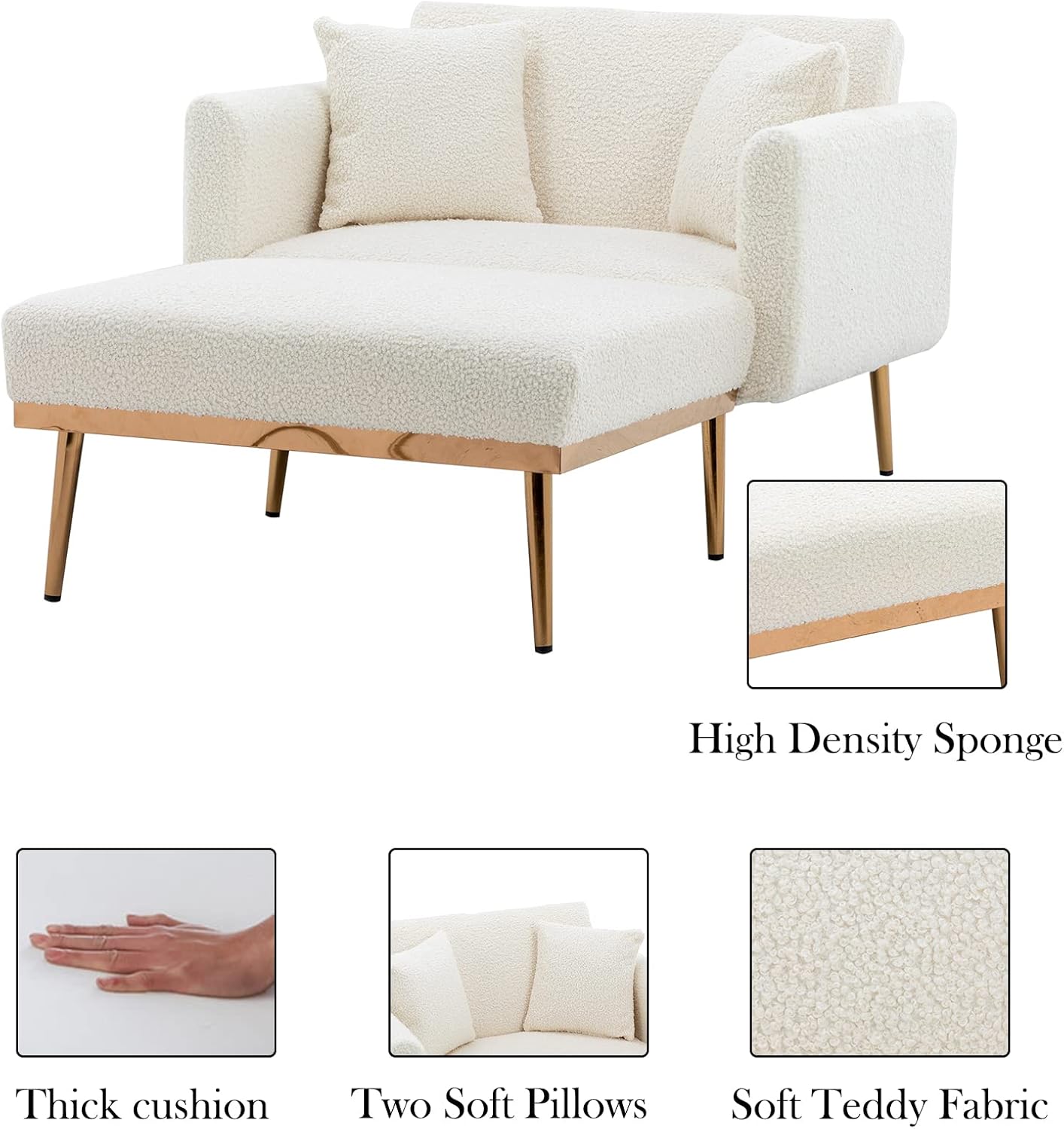 Yoluckea Modern 2 in 1 Chaise Lounge Chair, Teddy Velvet Accent Recliner Chair Indoor Convertible Sleeper Chair with 3 Adjustable Angles for Living Room Bedroom (White Teddy Velvet)