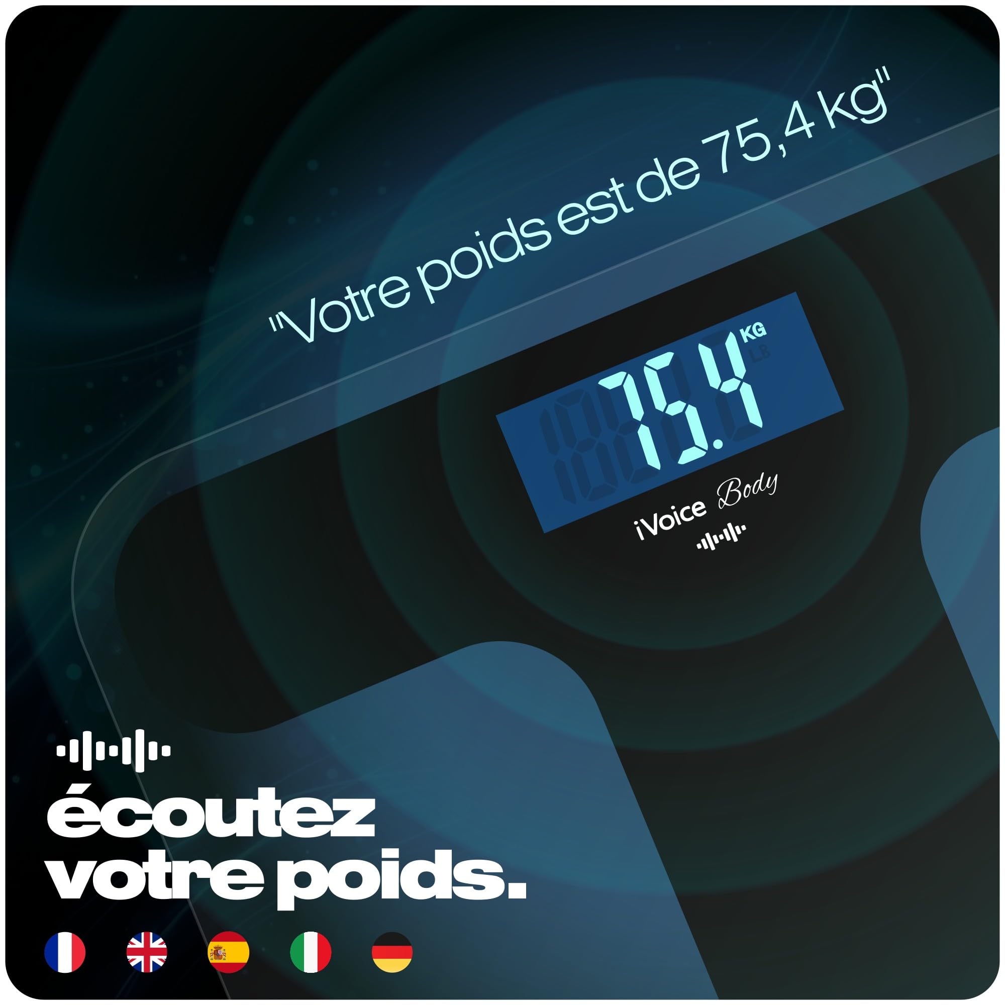 iVoice Balance de Salle de Bain Vocale, pour les Aveugles et les Personnes Agées, Voix Claire, avec Aides Sonores pour l'Orientation, Répétition du Poids, Volume Réglable, Piles Incluses