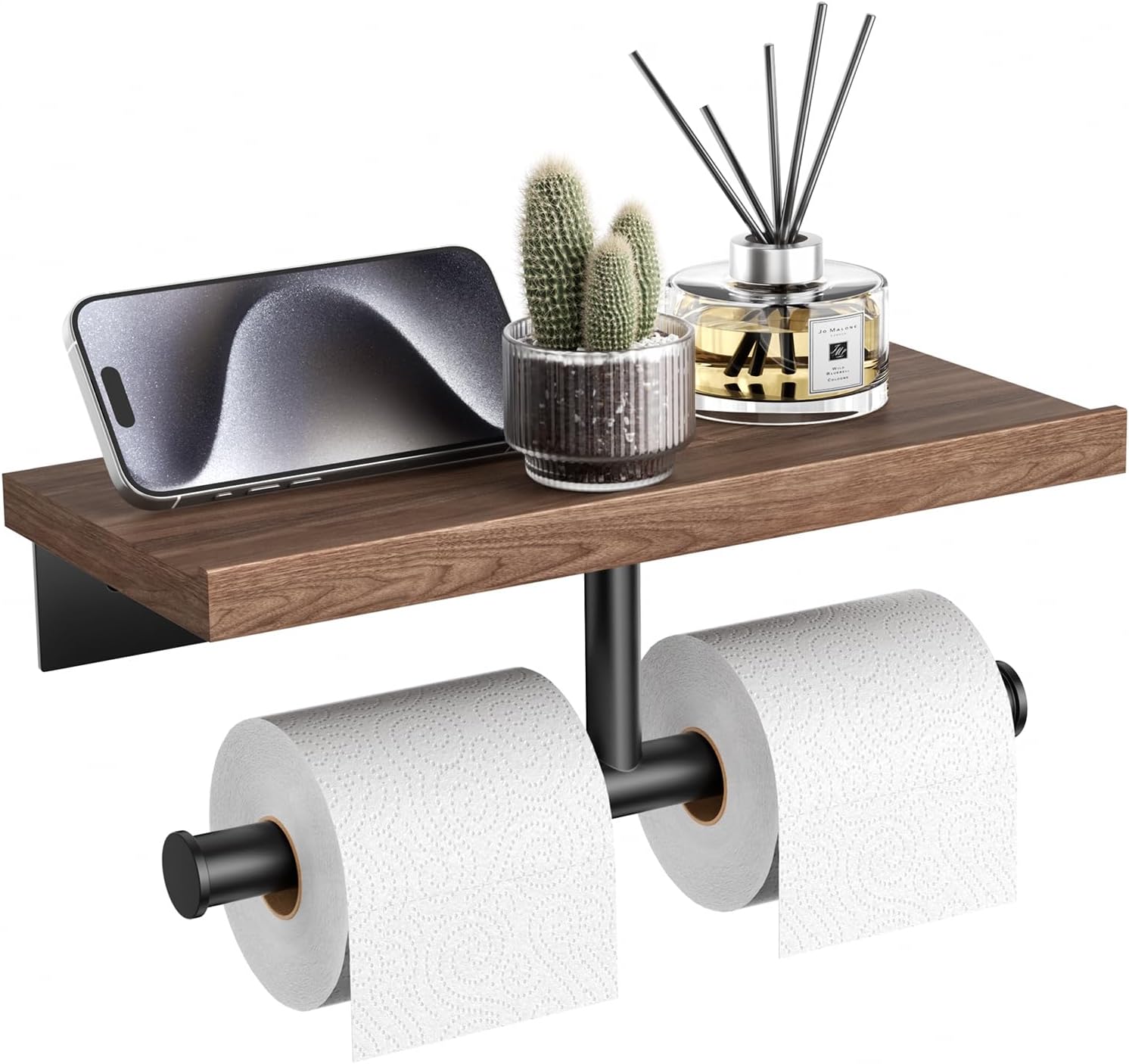 Tindbea Double Toilet Paper Holder with Wood Shelf, Wooden Wall Mount Toilet Paper Roll Holder, Matte Black Stainless Steel Bathroom Toilet Tissue Holder (Walnut)