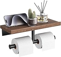 Vista 12 de Tindbea Soporte de papel higiénico con estante de madera, soporte de rollo de papel de seda de montaje en pared, negro mate, accesorios de baño
