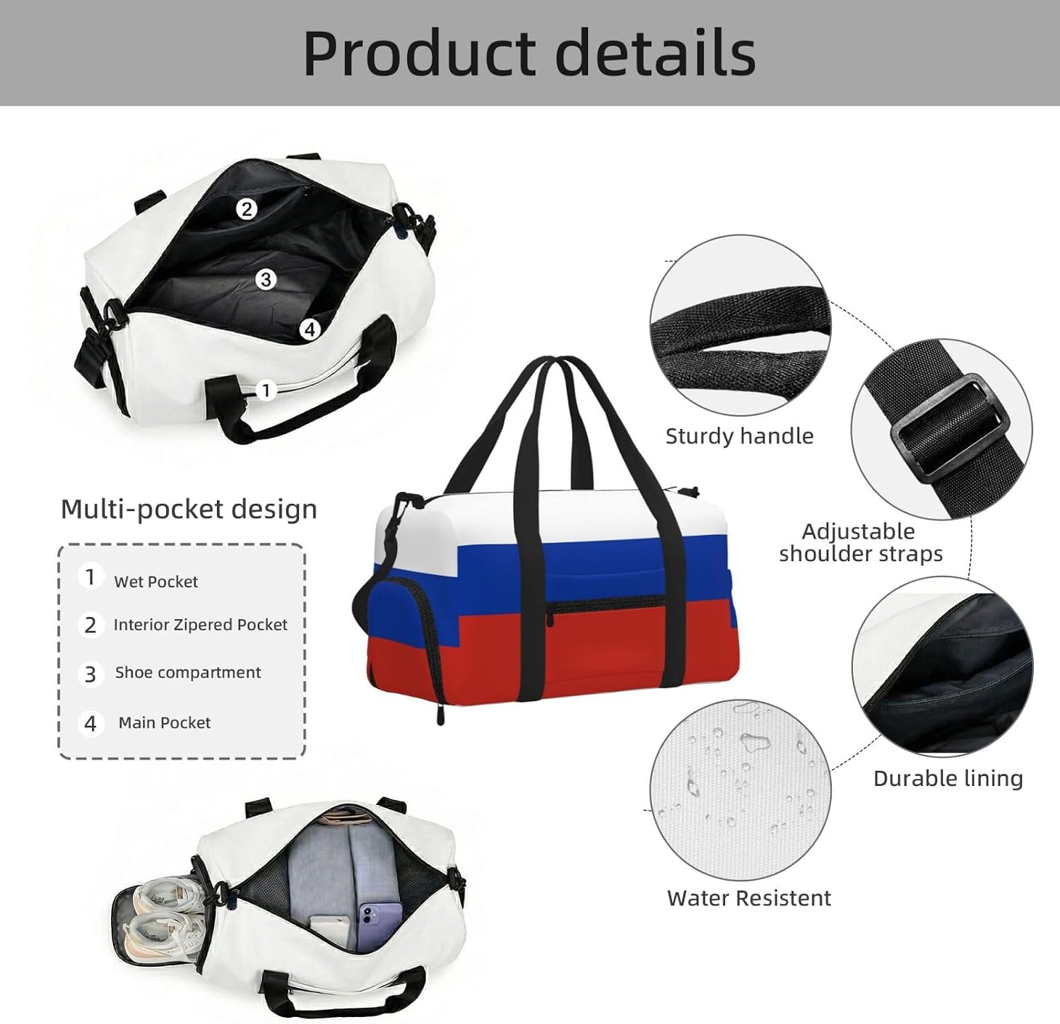 Russian Flag Print Handheld Sports Luggage Unisex Crossbody Bag Travel Weekend Fitness Workout image 5