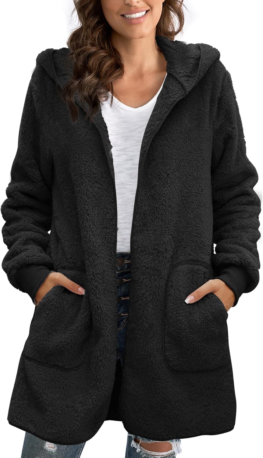 Yanekop Womens Oversized Sherpa Jacket Long Cardigan Sweaters Fuzzy Fleece Jacket Faux Fur Plus Size Coats with Pockets - Image 4