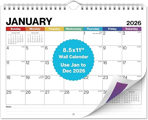 Dunwell - Calendario de pared de 8.5 x 11 pulgadas 2026 (colorido), para usar de enero a diciembre 2026, colgar en la pared o usar como calendario