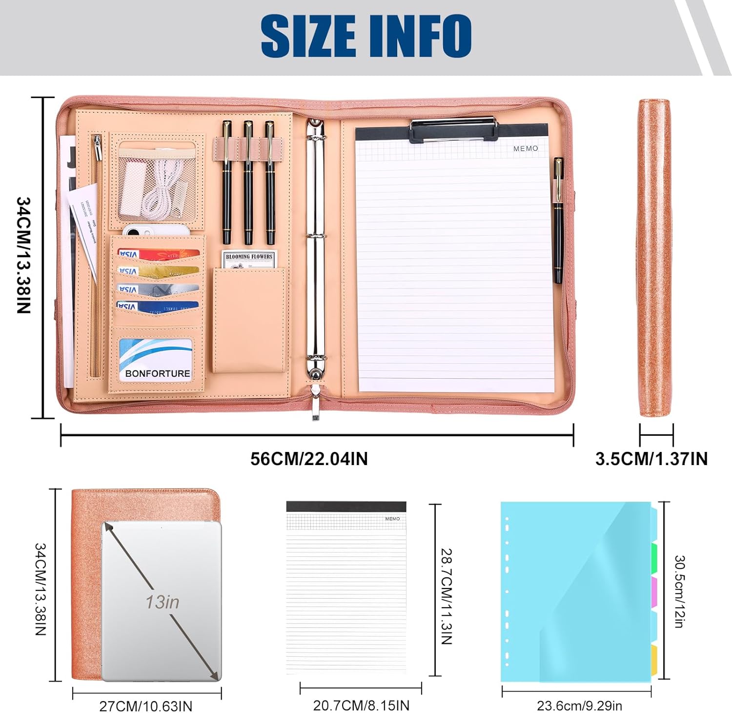 Padfolio Portfolio Binder with Handle, 3-Ring Folder Organizer, Vegan Leather Portfolio with Notepad Includes 5 Dividers with 10 Pockets for Documents Filesfor Documents Files and 1 Pen - Image 2