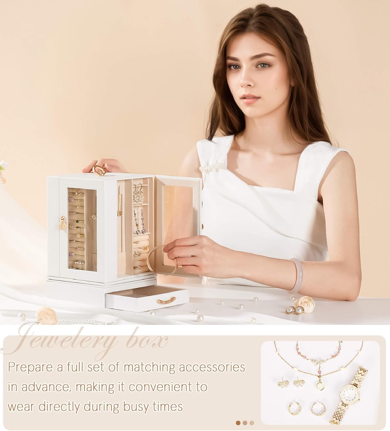 Jewelry Box large for Dresser: Women Necklace Ring Storage Organizer with Compartments - Elegant Earring Holder Display (White) - Image 4