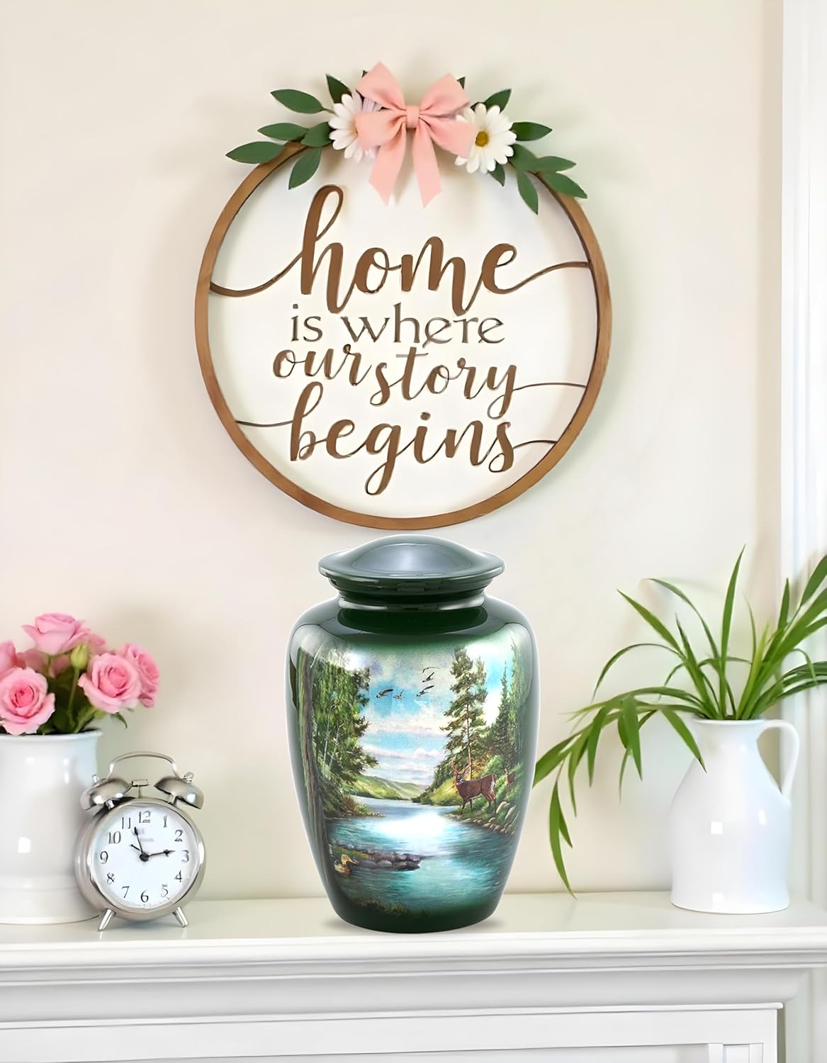 Deer Urn - Full Size Deer in Forest Scene Cremation Urn – Adult Nature-Themed Urns for Men and Women – Forest Green Funeral and Memorial Urns for Human Ashes Upto 210 Lbs with Velvet Bag (Large)