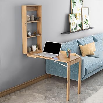 Wall Mounted Folding Table, Flip-up Dining Table Wood Drop-Leaf Desk with Storage Shelves, Folding Space Saving Table Workstation, Fold Down Laptop Desk for Bedroom Study Room Small SpaceNatural,90x4