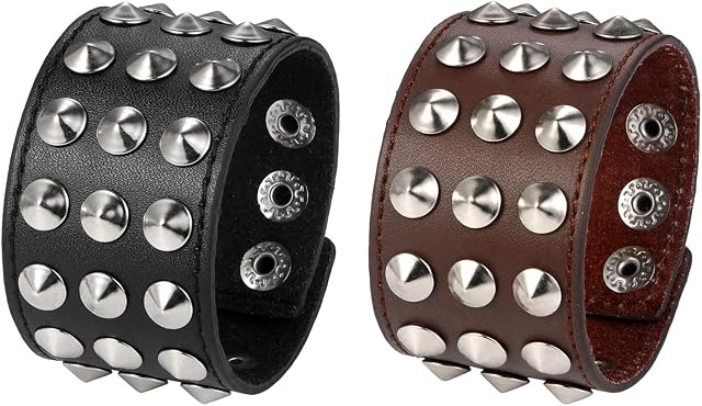 JewelryWe Men's Studded Bracelet,Punk Rock Style Rivet Wide Cuff Leather Bracelet Wristband,Adjustable