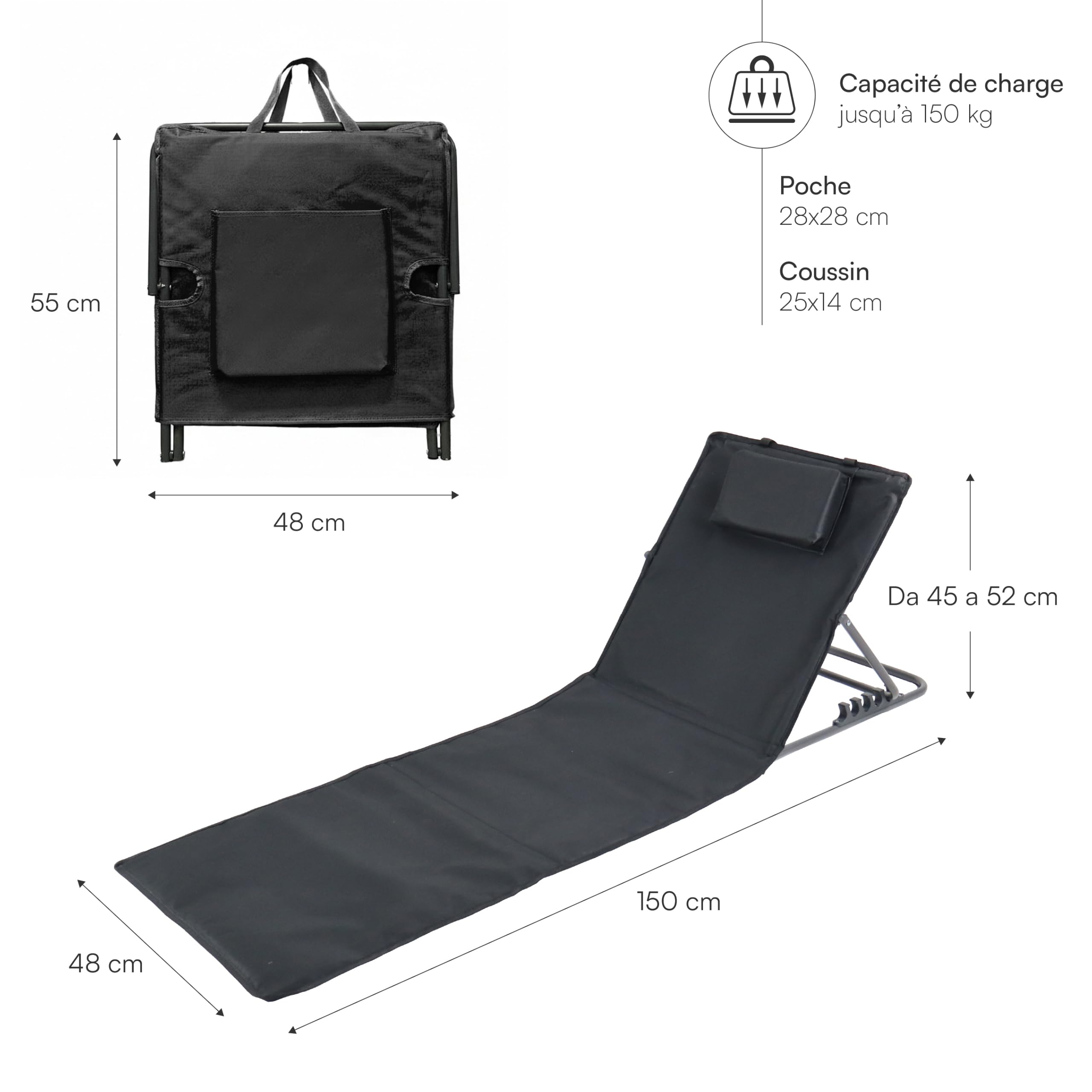 Baroni Home Set de 2 Chaises Longues Pliables de Plage avec Coussin Rembourré, Dossier Inclinable, Poche de Rangement, Transat Portable pour Mer, Piscine, Camping, 48x150x52 cm Noir