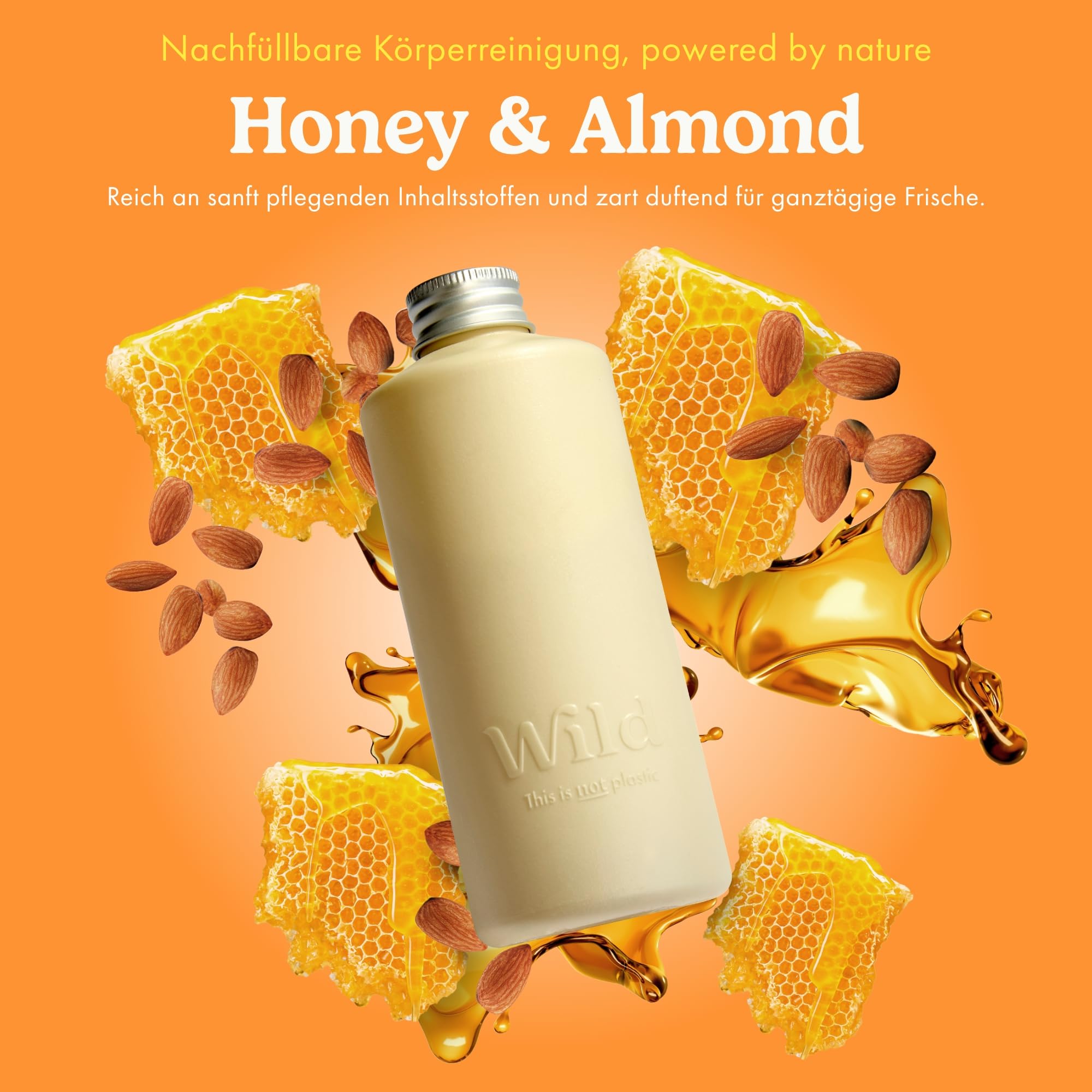 Wild Nachfüllbares Body Wash Starter‑Kit – Bee Print Aluminium‑Case & 3er‑Pack Duschgel‑Nachfüller – 95 % natürliche Inhaltsstoffe – Honey & Almond, Amber & Oud, Santorini Sunset