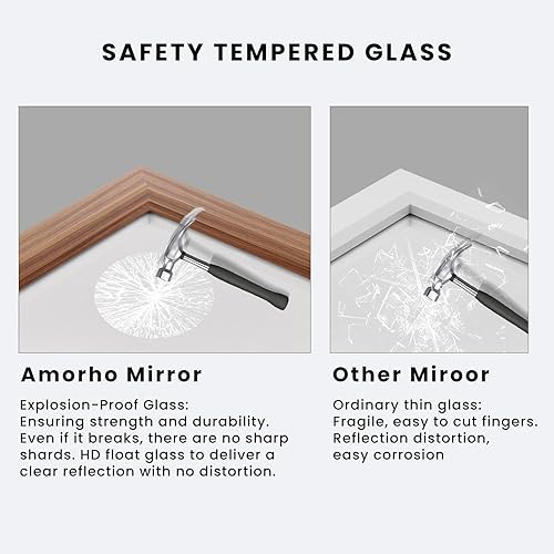 Miniatura 4 de Amorho Espejo de baño, espejo de pared de 50 x 30 pulgadas, marco de metal de madera de nogal, antioxidante, colgar horizontalmente o verticalmente,