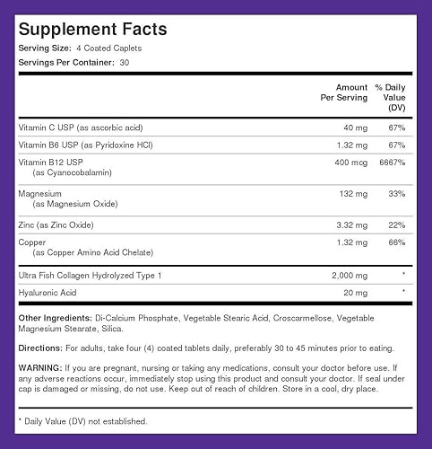 Miniatura 8 de Piping Rock Péptidos de colágeno marino | 2000 mg | 120 comprimidos recubiertos | Suplemento hidrolizado tipo 1 capturado en la naturaleza | Sin