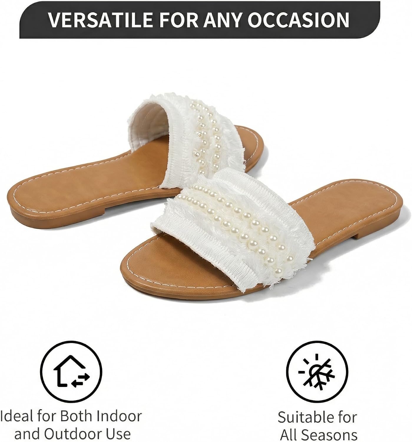 Women’s Flat Sandals, Summer Open Toe Slip-On Casual Beach Sandals with Pearl Chain for Vacation Walking