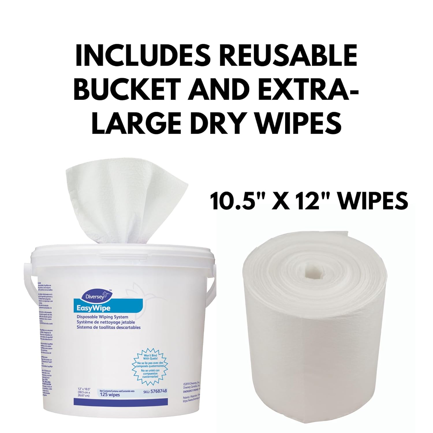 Diversey 5768748 EasyWipe Disposable Wiping System, DRY Wipes in Reusable Bucket - Use with Your Choice Disinfectant, 125 Large 12x10.5-Inch Wipes, 1-Bucket (Pack of 6)