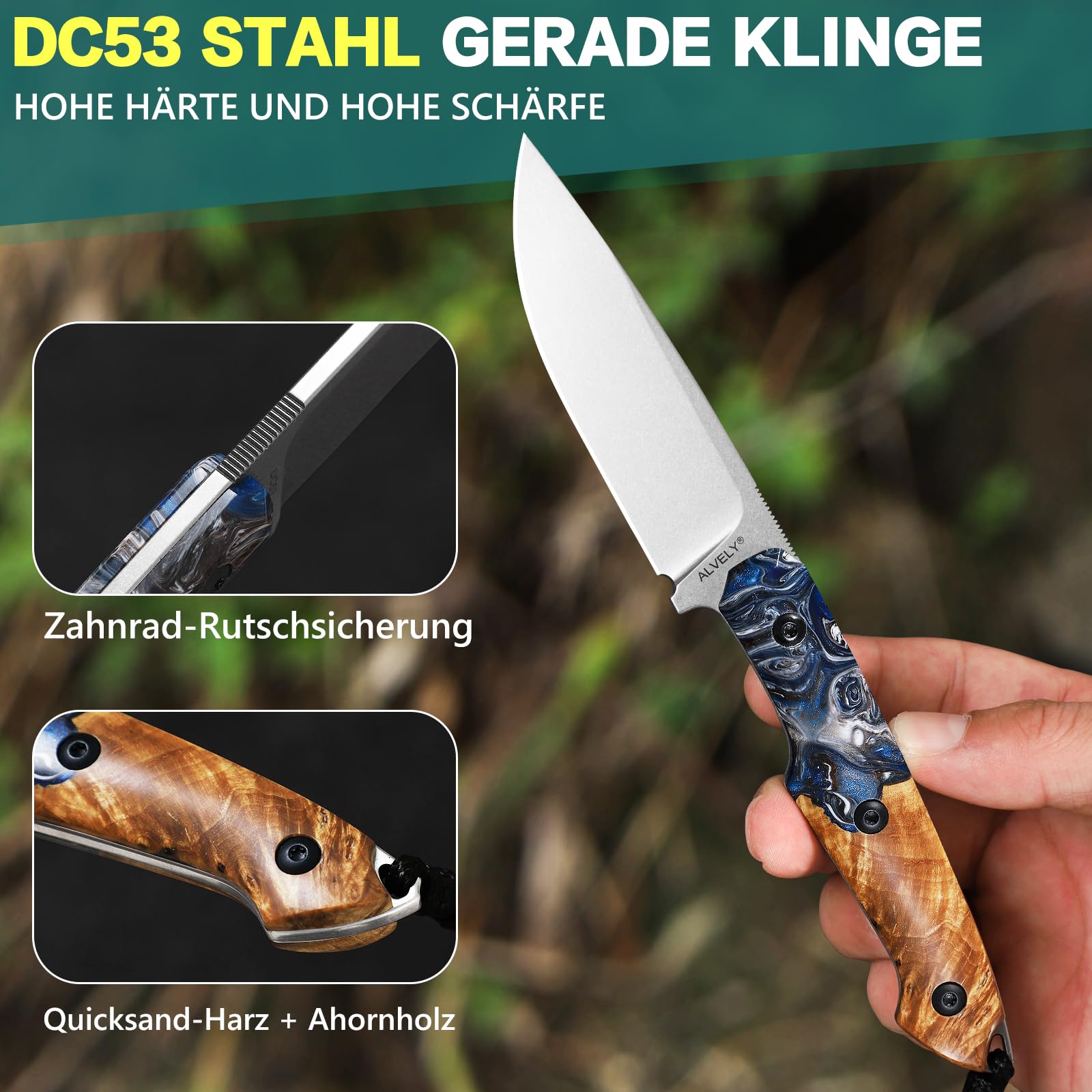 Handgefertigtes DC53-Stahlmesser mit feststehender Klinge, Outdoor-Taschenmesser für Herren, inklusive Scheide, Griff aus Kunstharz und Ahornholz, ideal für Camping und Bergsteigen.