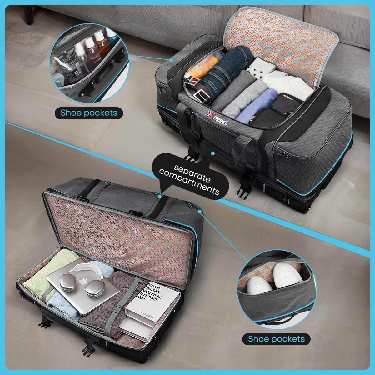 30''Extra Large Rolling Duffle Bag with Wheels w/Handle,Big Expandable Travel Duffle Bag for Men Wome,2 Layers of Space, Multiple Interior and Exterior Pockets#TBL-074,Blue