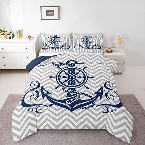 Miniatura 30 de Erosebridal Juego de edredón costero oceánico, juego de edredón de ancla náutica, juego de ropa de cama tamaño individual, juego de ropa de cama con