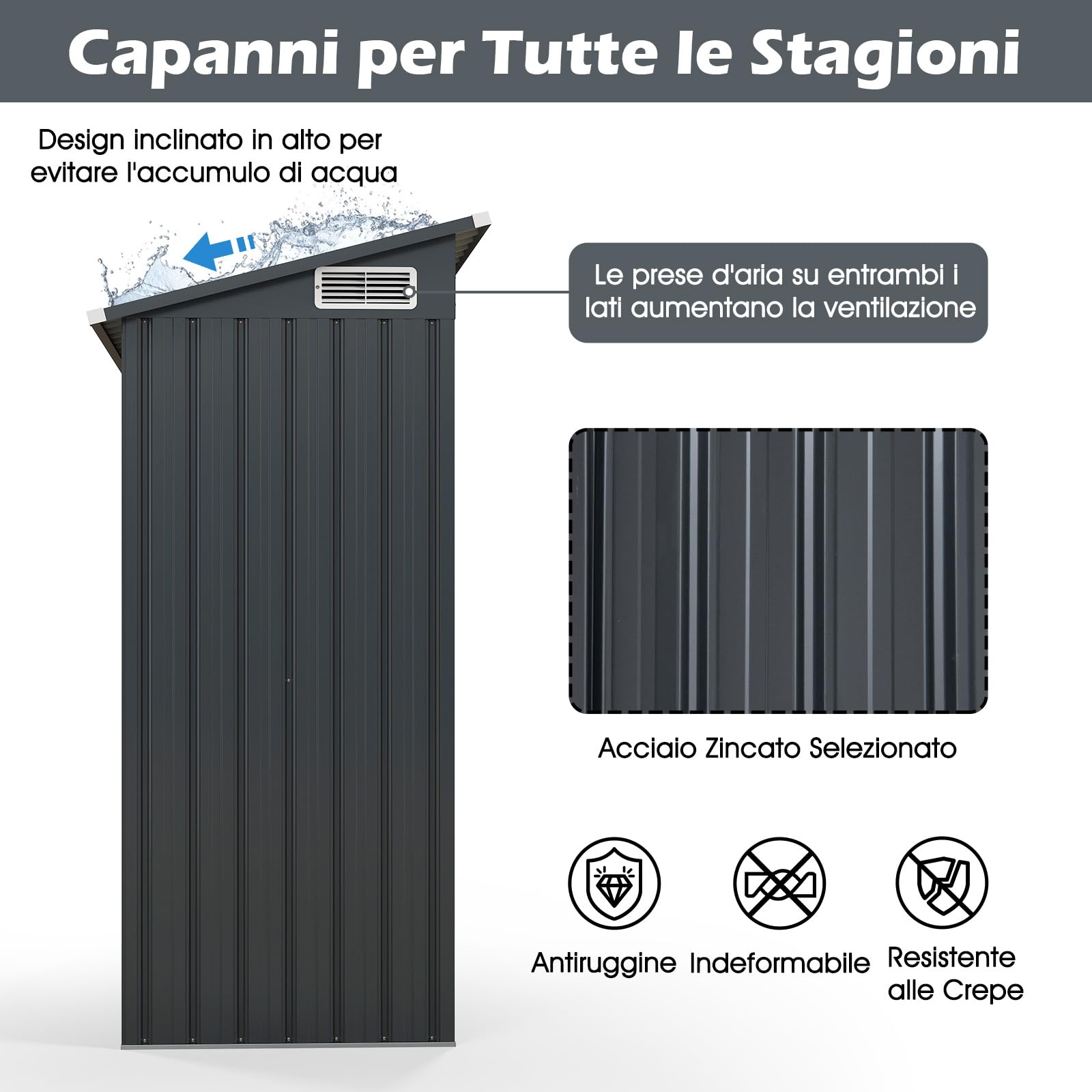 RELAX4LIFE Casetta da Giardino per Attrezzi,150x88x185 cm in Lamiera d'Acciaio e e Lamiera Zincata con Doppie Porte, Tetto Inclinato, per Porta Attrezzi, Tosaerba, 2 Paia di Guanti (GRIGIO 2)