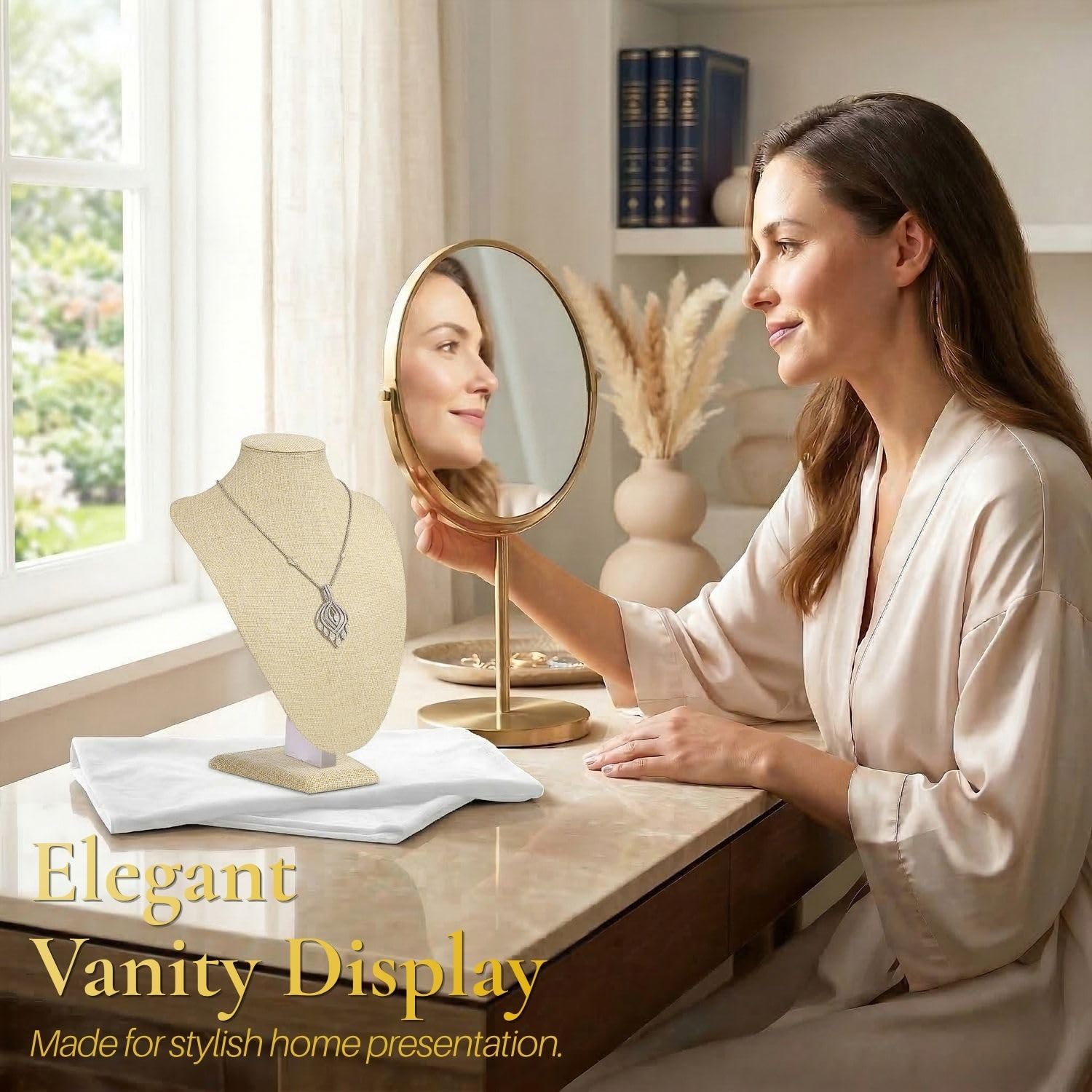 Flexzion Espositore per collana (2 pezzi) - 27,9 cm manichino 3D beige, lino, porta collane per casa, boutique e fiere, espositore gioielli per la vendita di collane,
