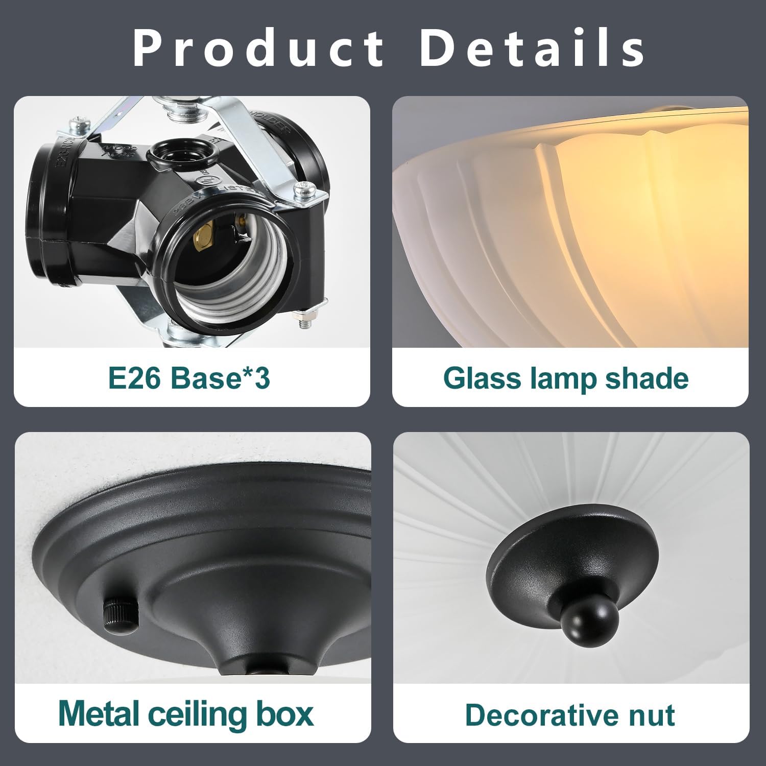 Frosted Glass Ceiling Light Fixture - Semi Flush Mount with 3 E26 Bulb Sockets, Soft Diffused Lighting/Anti-Glare Shade Lighting for Living Room Dining Room Hallway, Vintage Indoor Chandelier