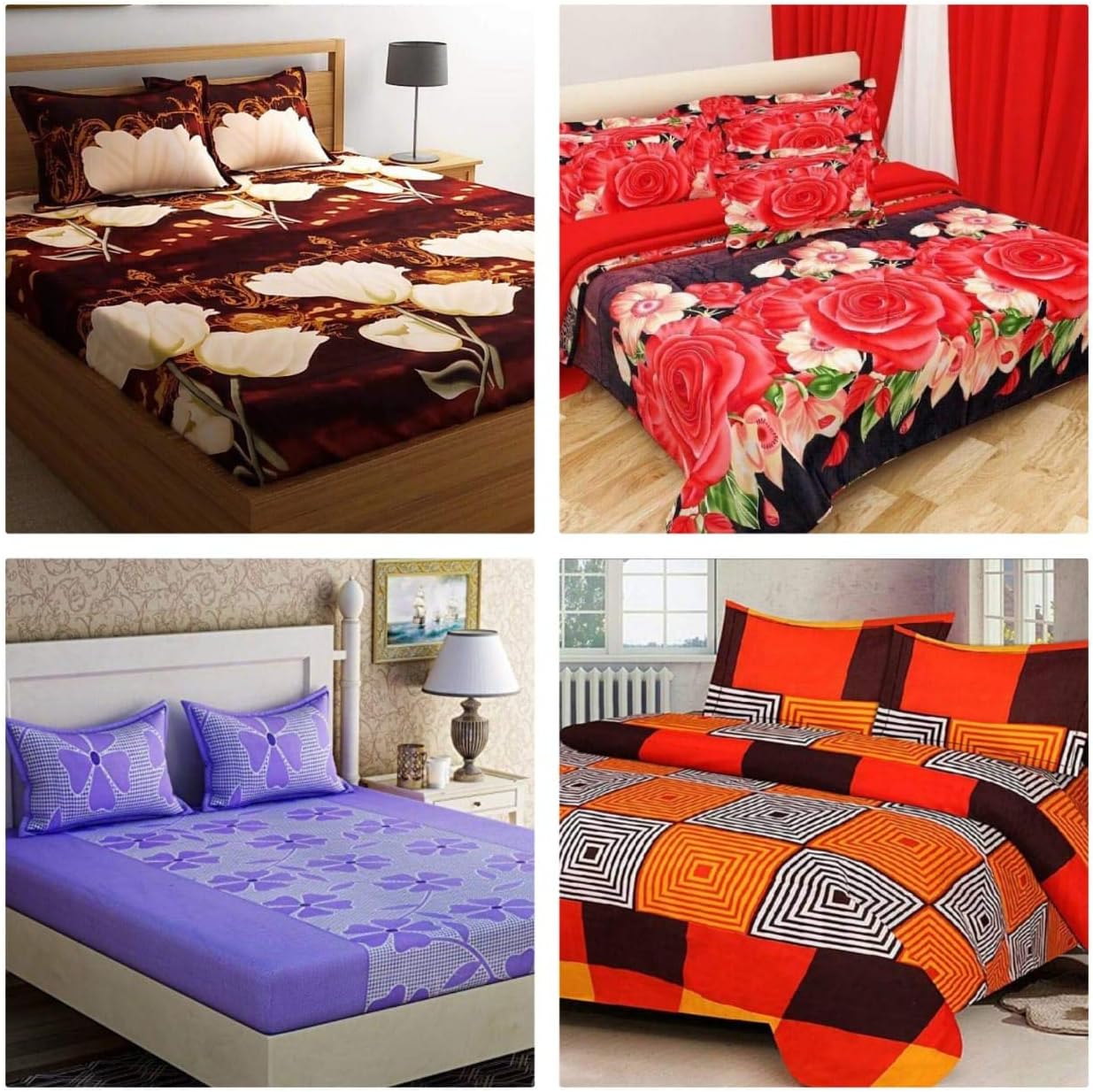 RS Home Furnishing Glace Cotton Double Bedsheet with 8 Pillow Covers (Multicolour) - Combo Set of 4