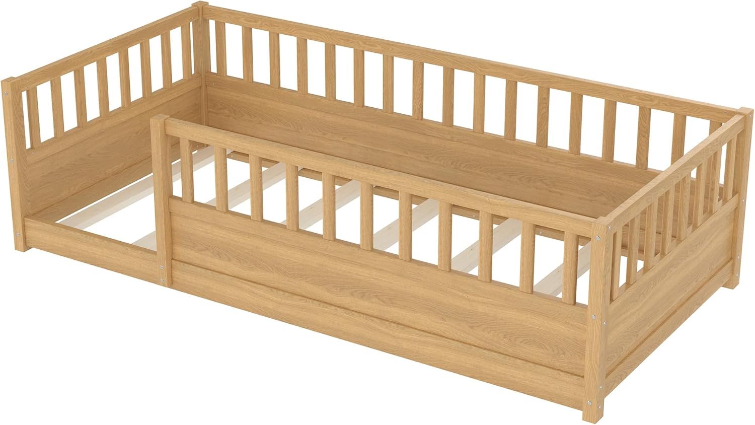 Bellemave Twin Size Floor Bed with Slats and High Guardrail, Twin Size Montessori Floor Bed with Fence, Easy Assemble Montessori Beds for Kids, Girls, Boys, Natural