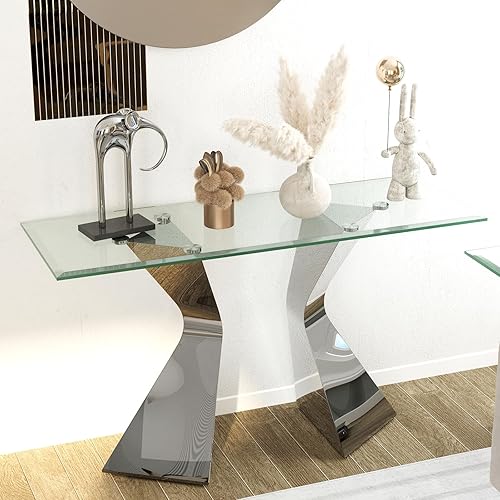 Mesa consola plateada y de vidrio, mesa de entrada de 51 pulgadas con parte superior de vidrio transparente templado, patas de acero inoxidable,