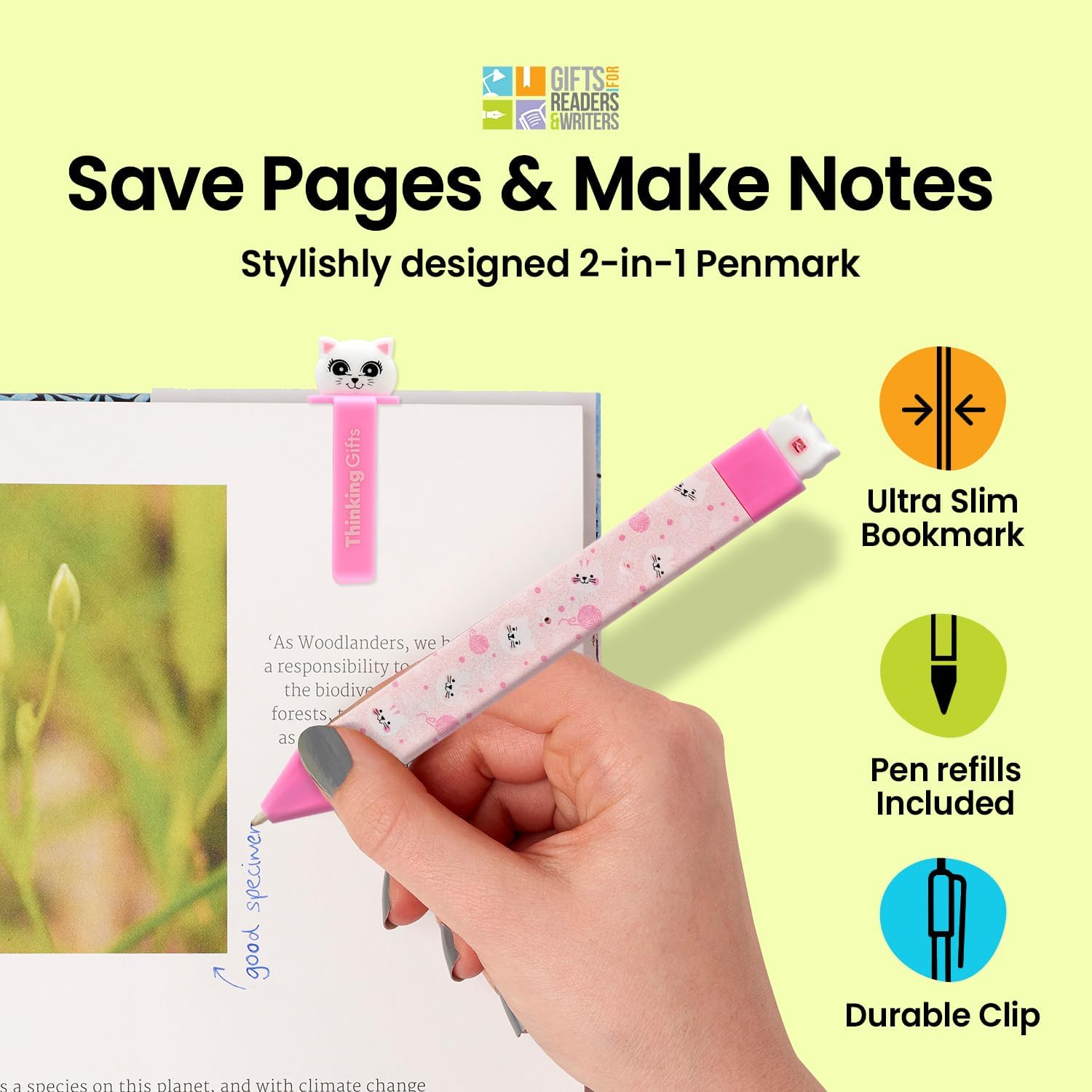 Thinking Gifts Flat Writable Pen & Page Marker Bookmark - Kitty image 2